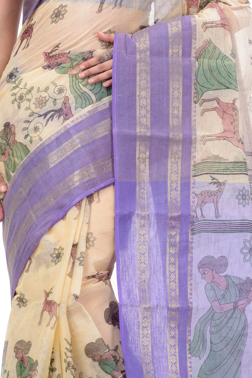 Purple Pure Cotton Sakuntala Tant Saree Print (2645)